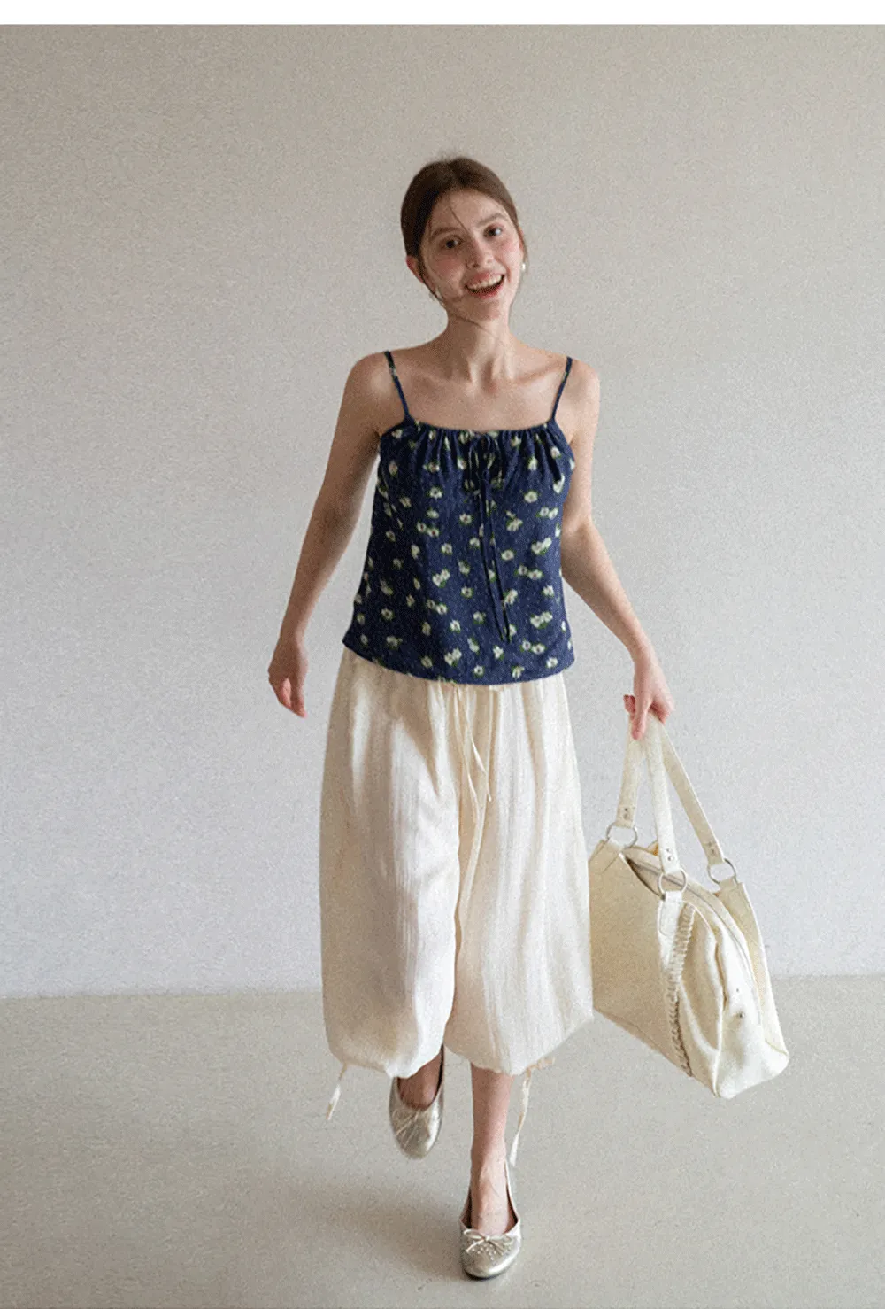 Floral Print Camisole with Drawstring Neckline