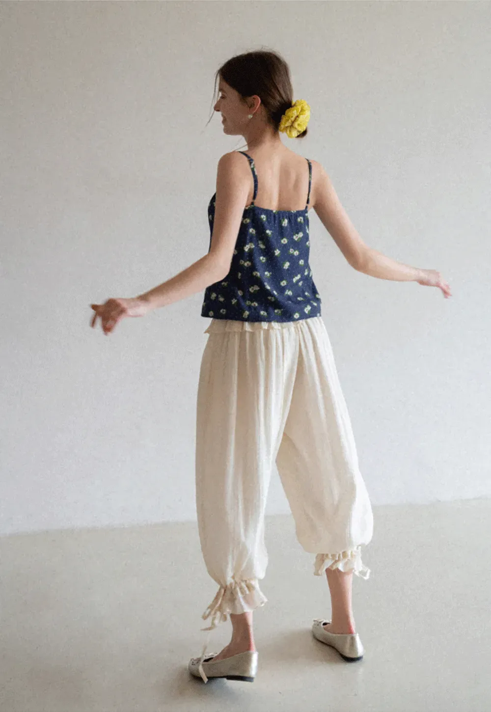 Floral Print Camisole with Drawstring Neckline