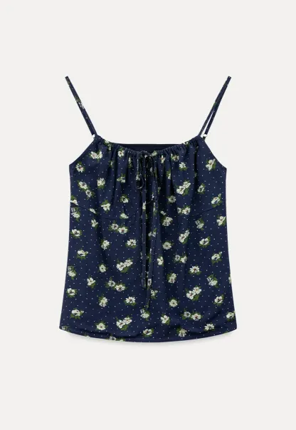 Floral Print Camisole with Drawstring Neckline