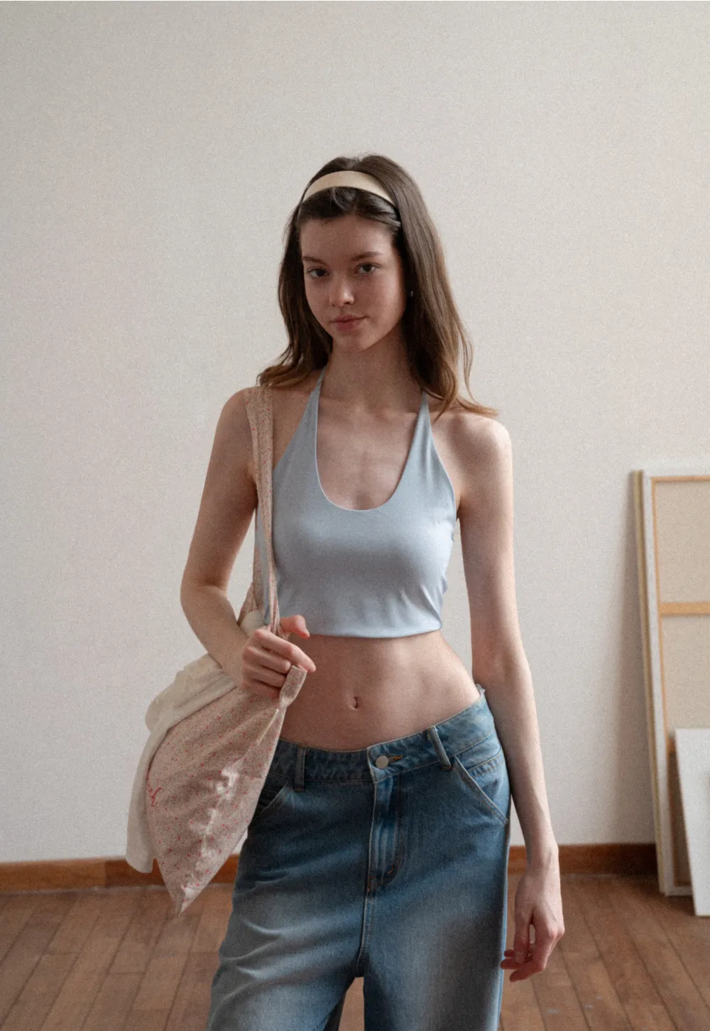 Crop tank top with halter neckline and thin straps