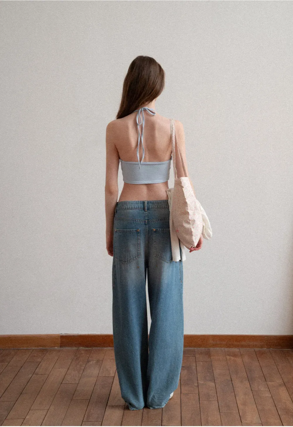 Crop tank top with halter neckline and thin straps