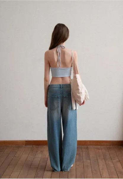 Crop tank top with halter neckline and thin straps