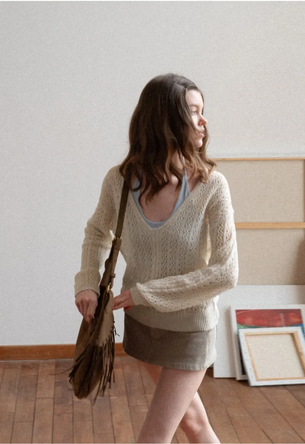 Crop tank top with halter neckline and thin straps