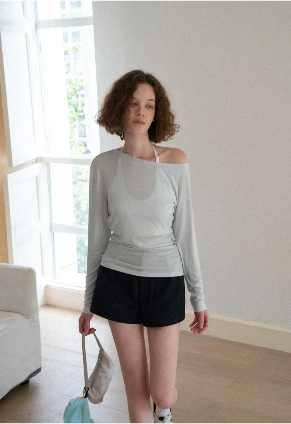 Crop tank top with halter neckline and thin straps