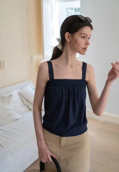Square Neck Strappy Tank Top with Gathered Bust Detail