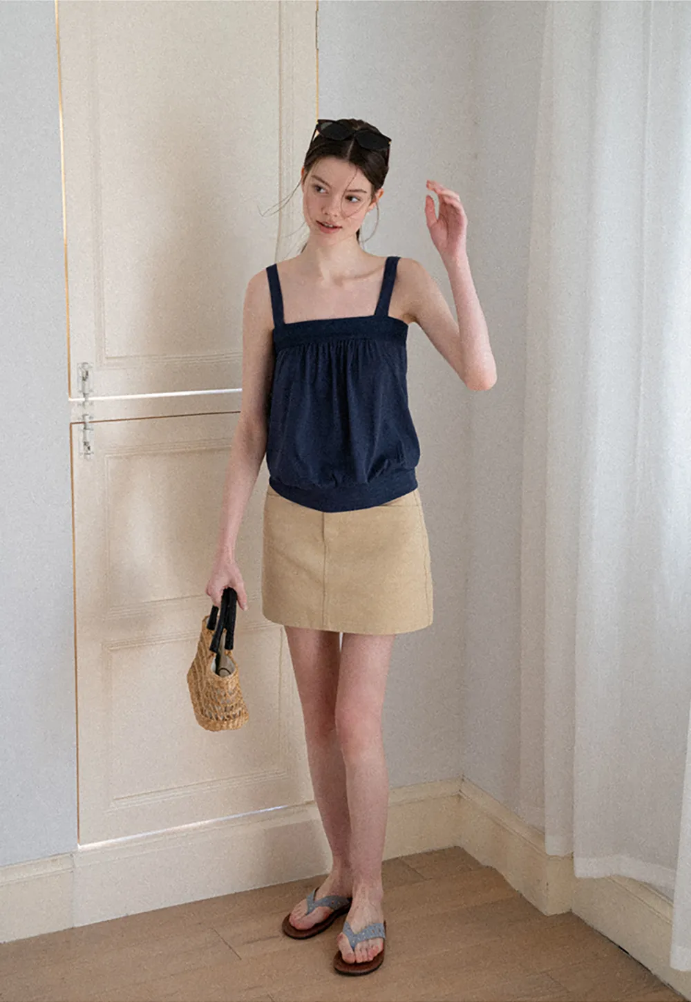 Square Neck Strappy Tank Top with Gathered Bust Detail
