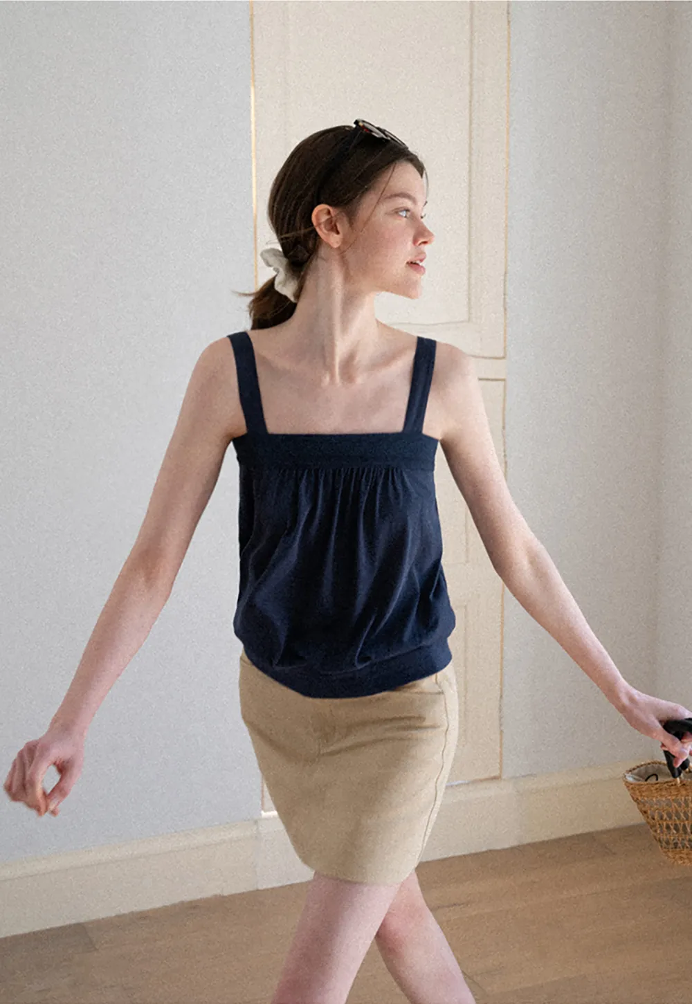 Square Neck Strappy Tank Top with Gathered Bust Detail