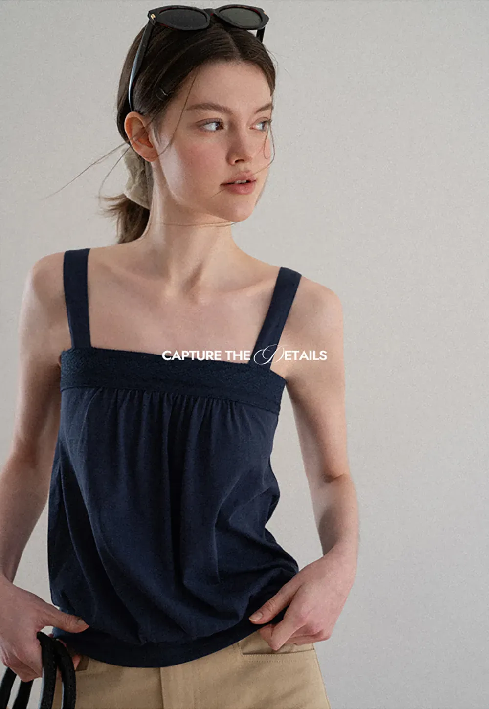 Square Neck Strappy Tank Top with Gathered Bust Detail