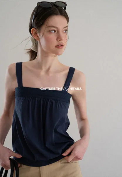 Square Neck Strappy Tank Top with Gathered Bust Detail