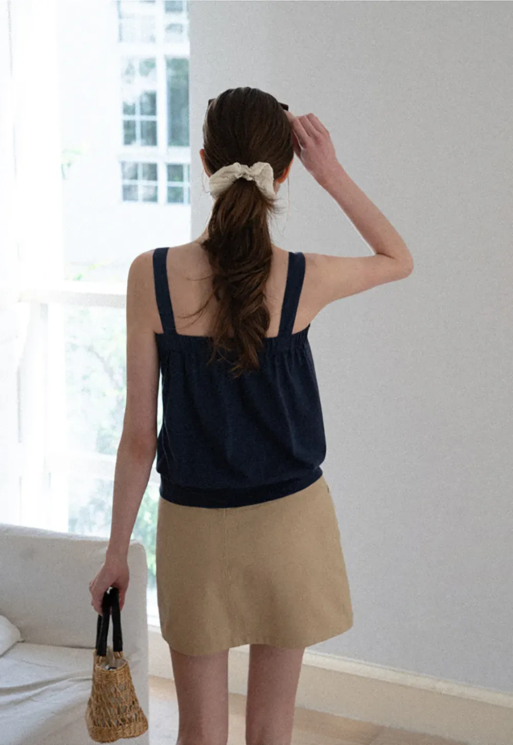 Square Neck Strappy Tank Top with Gathered Bust Detail