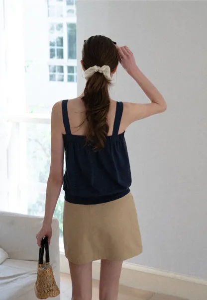Square Neck Strappy Tank Top with Gathered Bust Detail
