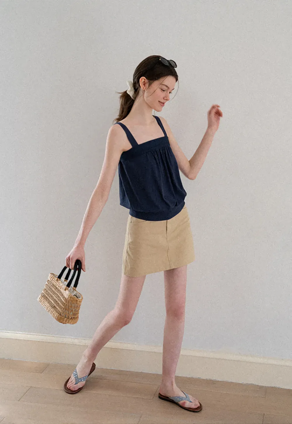 Square Neck Strappy Tank Top with Gathered Bust Detail