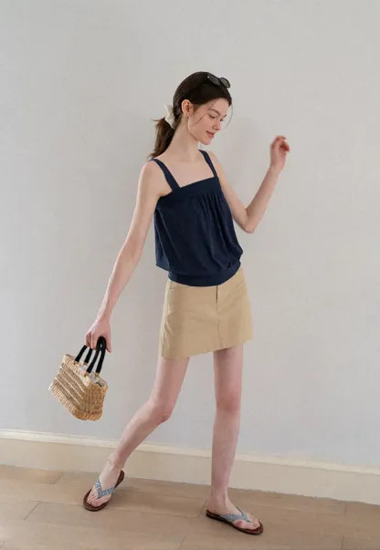 Square Neck Strappy Tank Top with Gathered Bust Detail
