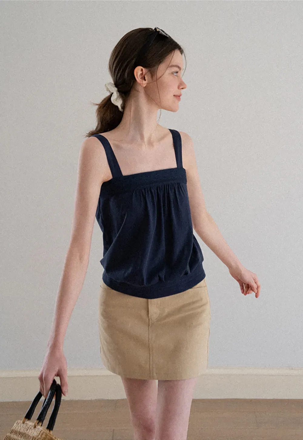 Square Neck Strappy Tank Top with Gathered Bust Detail