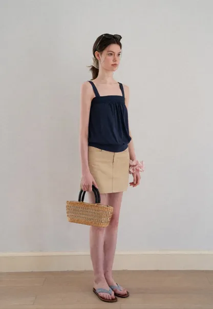 Square Neck Strappy Tank Top with Gathered Bust Detail
