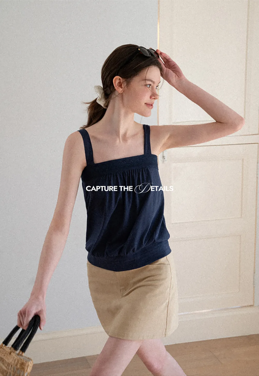 Square Neck Strappy Tank Top with Gathered Bust Detail