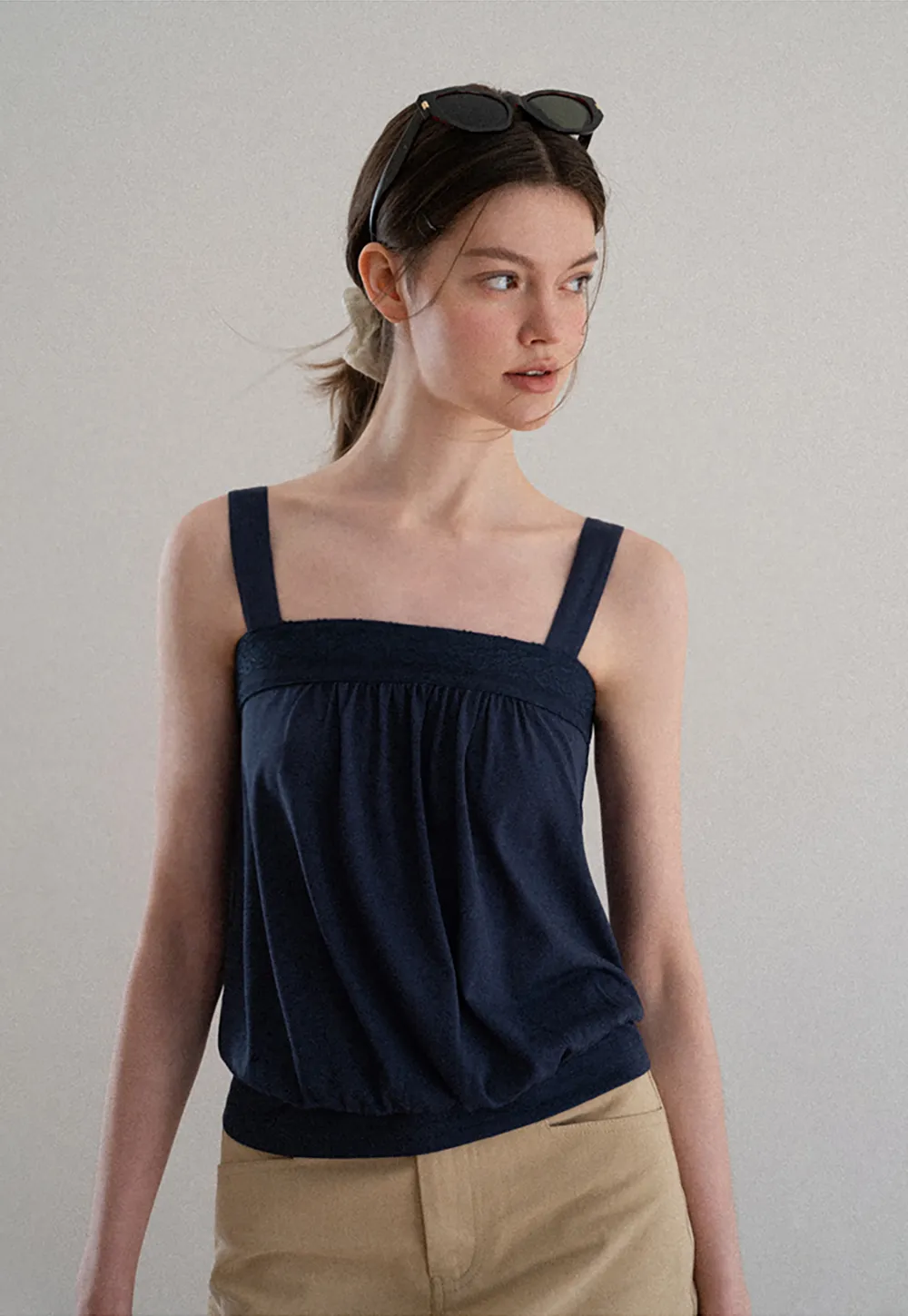 Square Neck Strappy Tank Top with Gathered Bust Detail