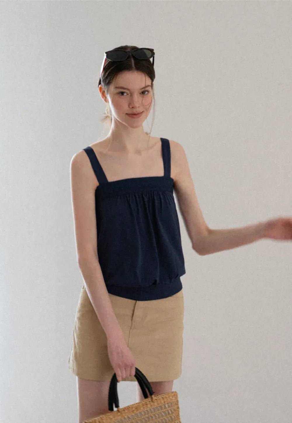 Square Neck Strappy Tank Top with Gathered Bust Detail