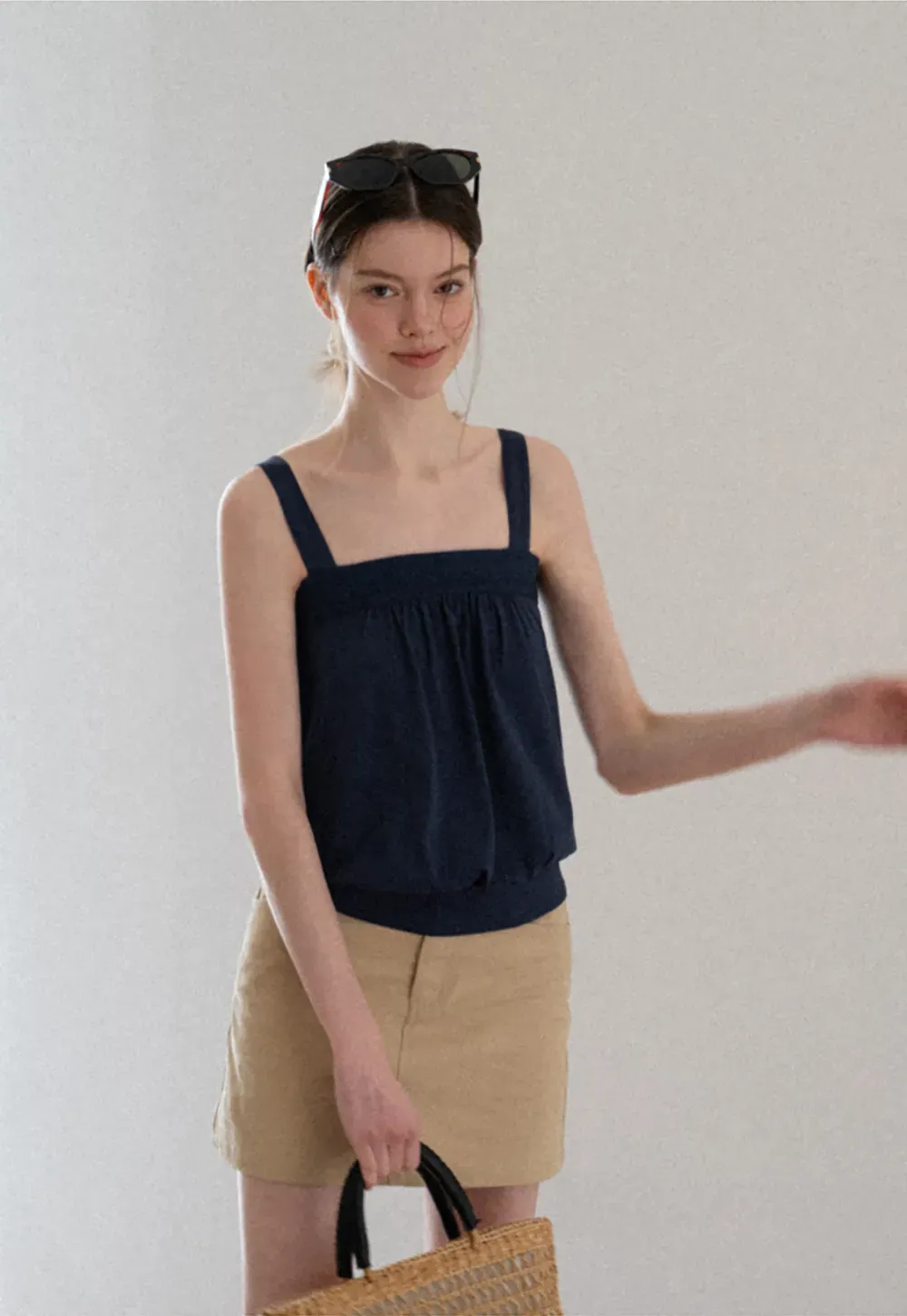 Square Neck Strappy Tank Top with Gathered Bust Detail