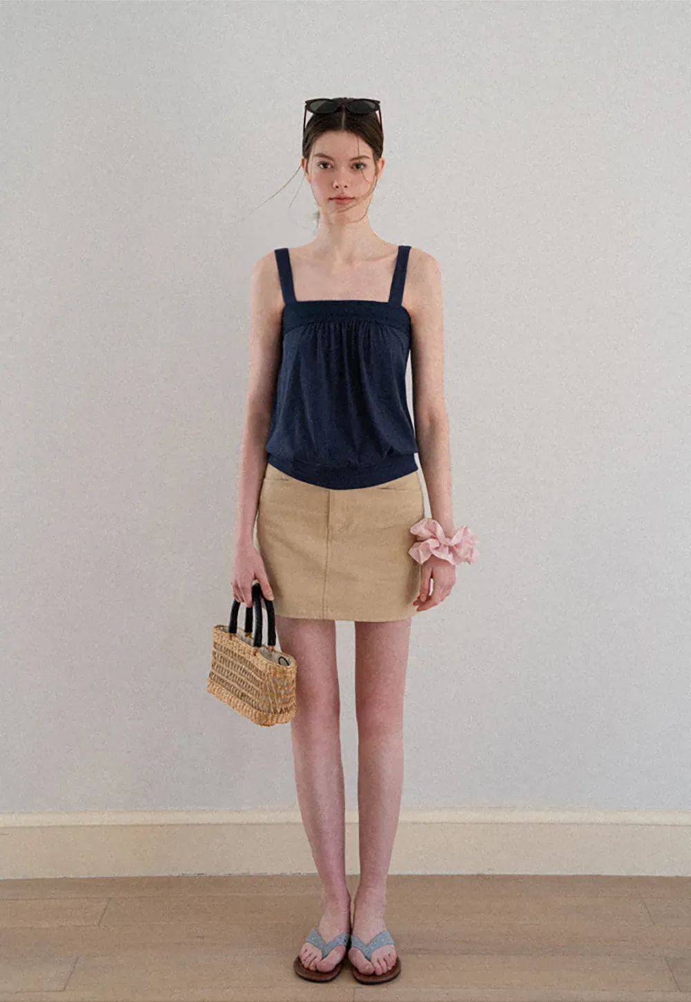Square Neck Strappy Tank Top with Gathered Bust Detail