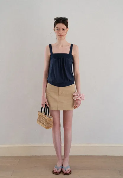 Square Neck Strappy Tank Top with Gathered Bust Detail
