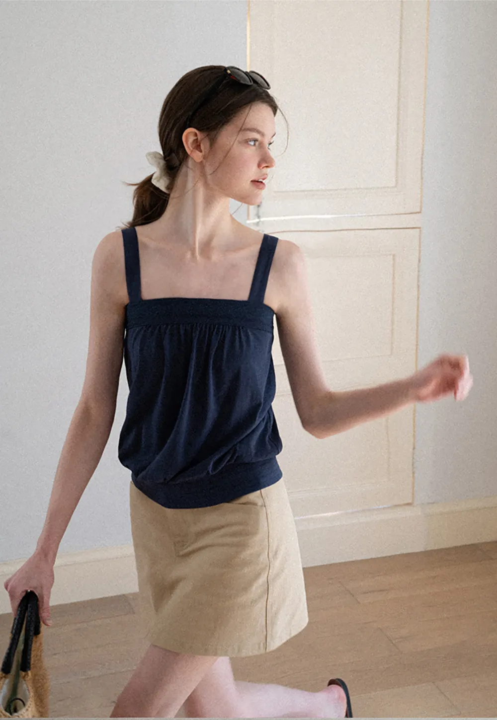 Square Neck Strappy Tank Top with Gathered Bust Detail