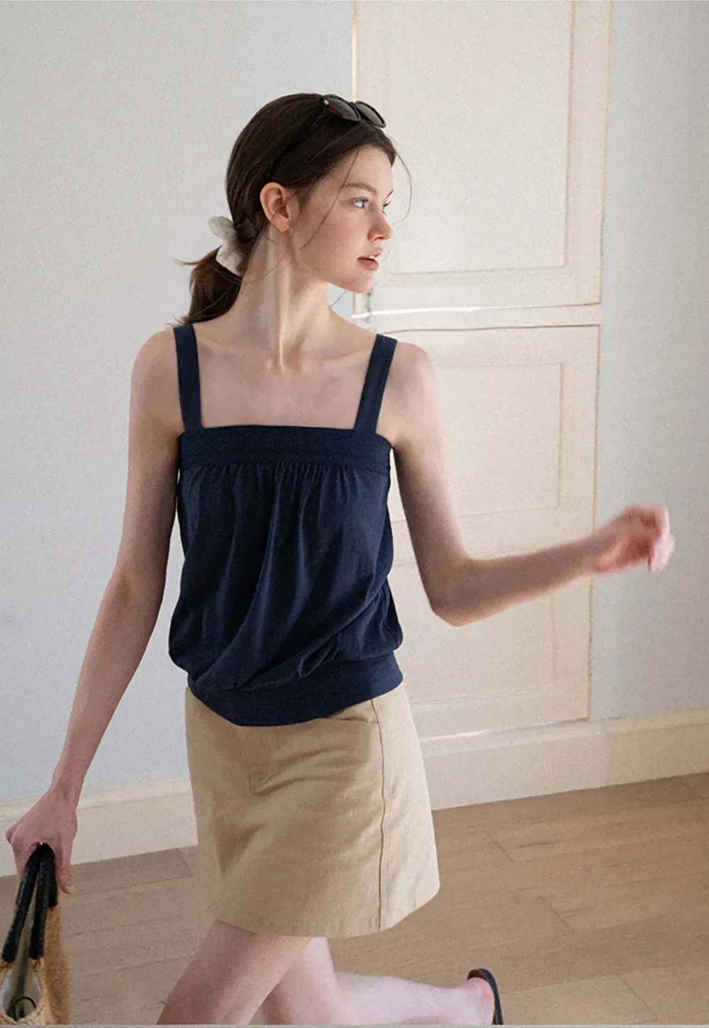 Square Neck Strappy Tank Top with Gathered Bust Detail