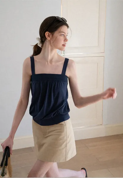 Square Neck Strappy Tank Top with Gathered Bust Detail