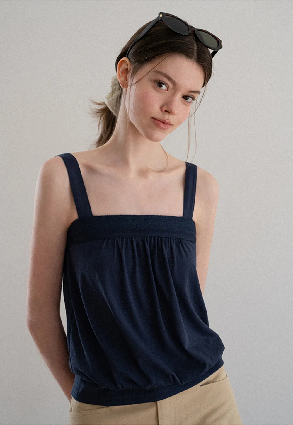 Square Neck Strappy Tank Top with Gathered Bust Detail