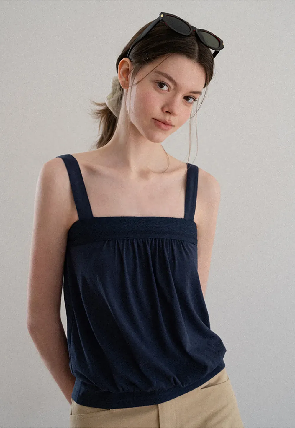 Square Neck Strappy Tank Top with Gathered Bust Detail