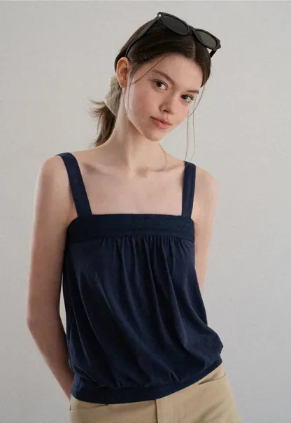 Square Neck Strappy Tank Top with Gathered Bust Detail