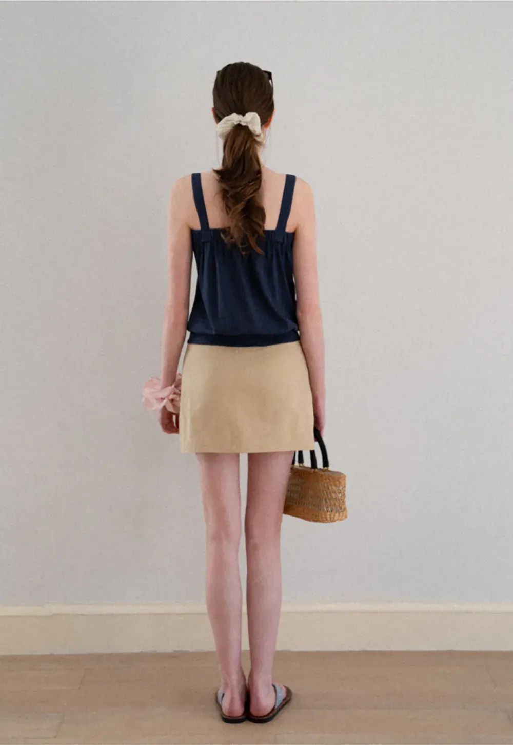 Square Neck Strappy Tank Top with Gathered Bust Detail