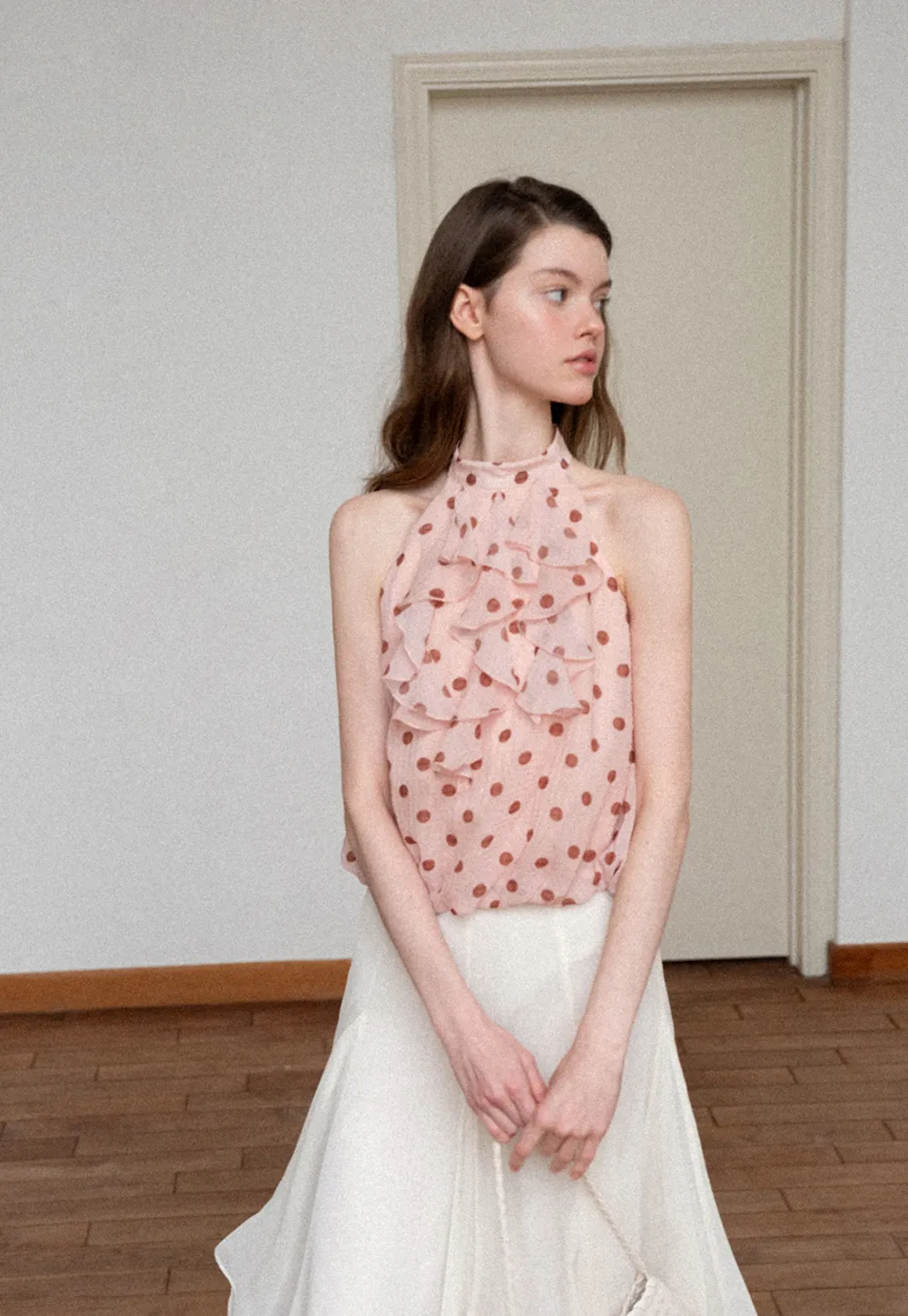 Ruffled Halter Neck Polka Dot Chiffon Tank Top