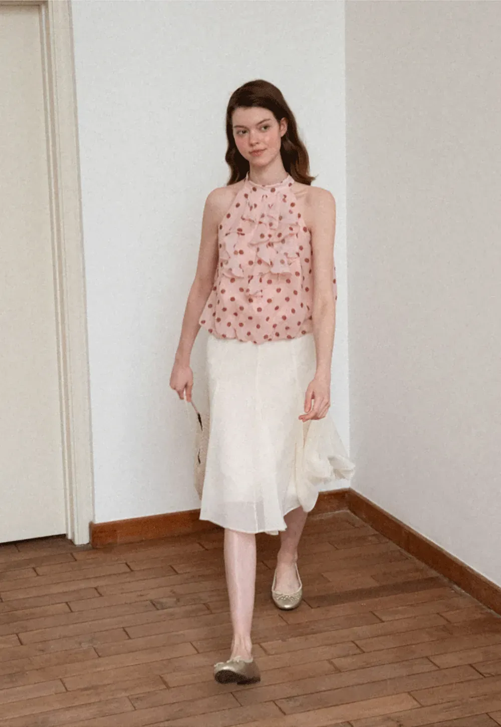 Ruffled Halter Neck Polka Dot Chiffon Tank Top