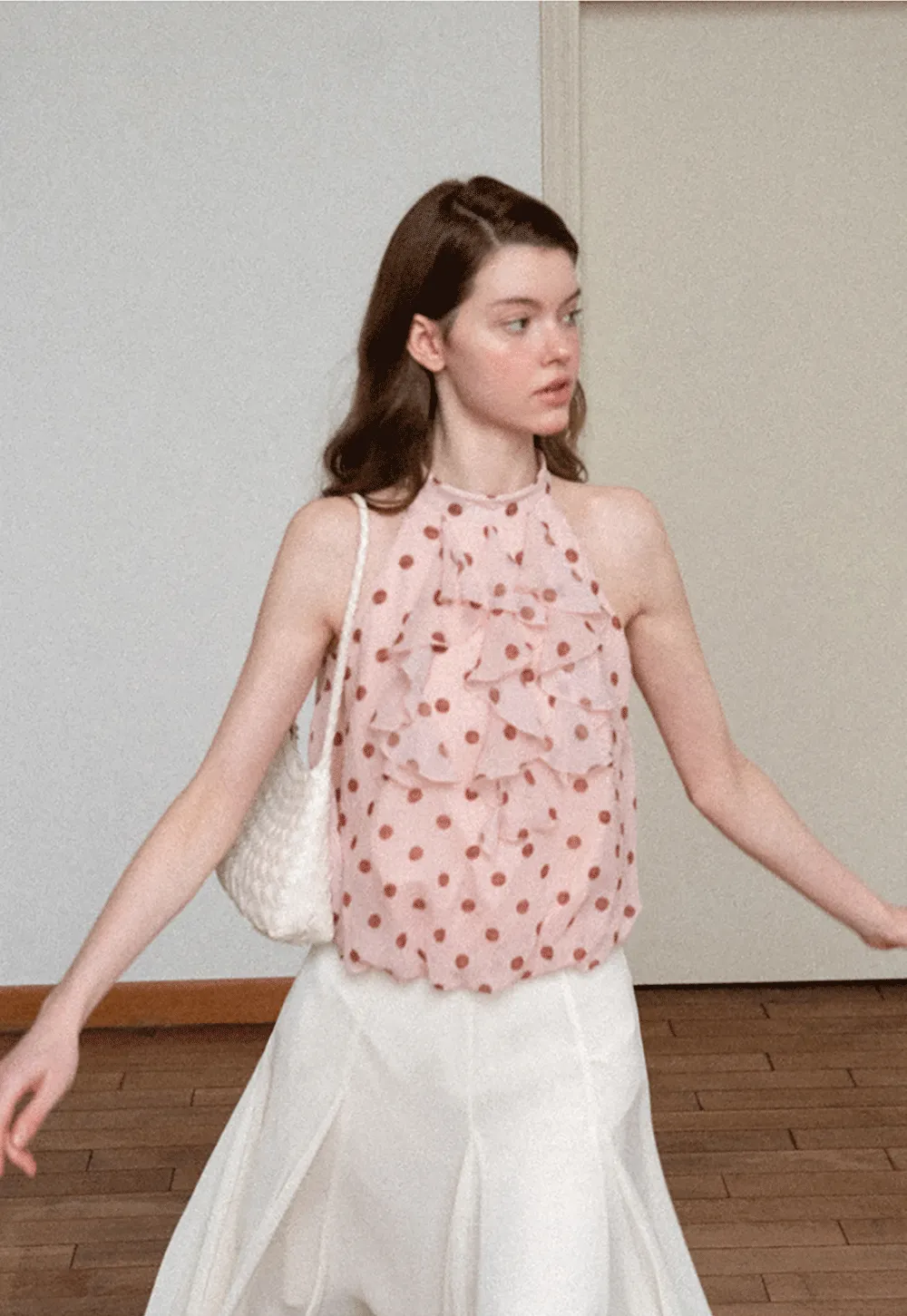 Ruffled Halter Neck Polka Dot Chiffon Tank Top