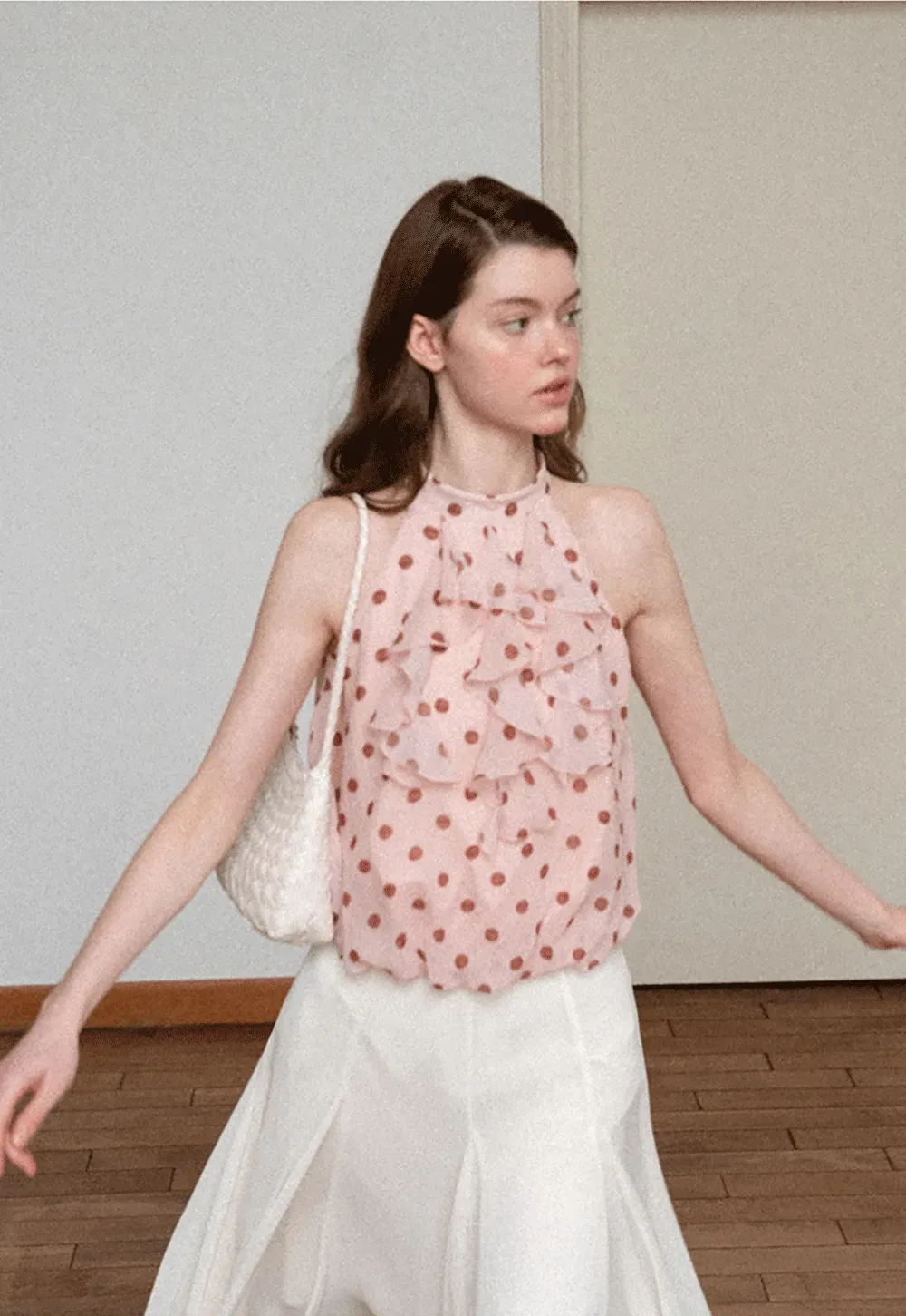 Ruffled Halter Neck Polka Dot Chiffon Tank Top