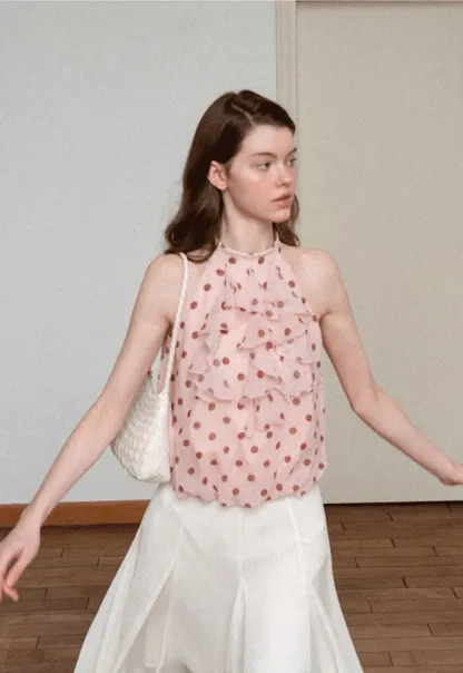 Ruffled Halter Neck Polka Dot Chiffon Tank Top