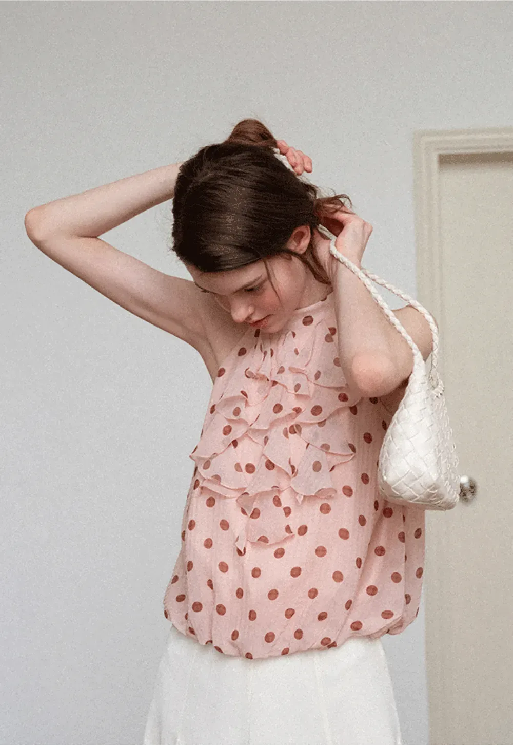 Ruffled Halter Neck Polka Dot Chiffon Tank Top