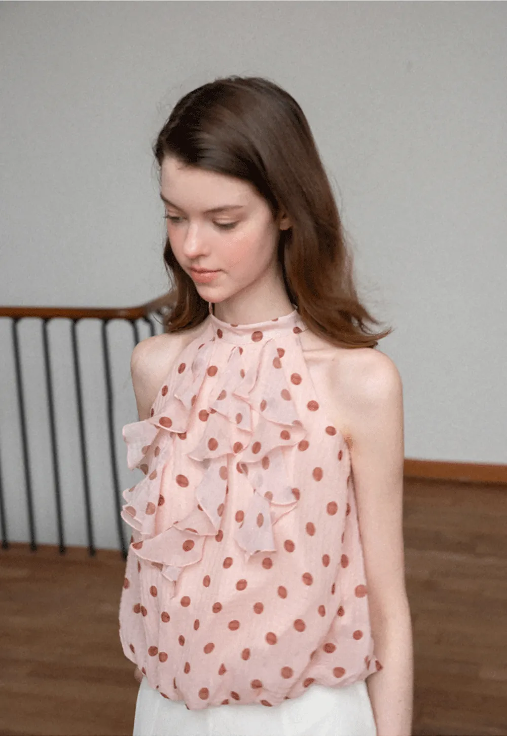 Ruffled Halter Neck Polka Dot Chiffon Tank Top