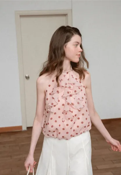 Ruffled Halter Neck Polka Dot Chiffon Tank Top