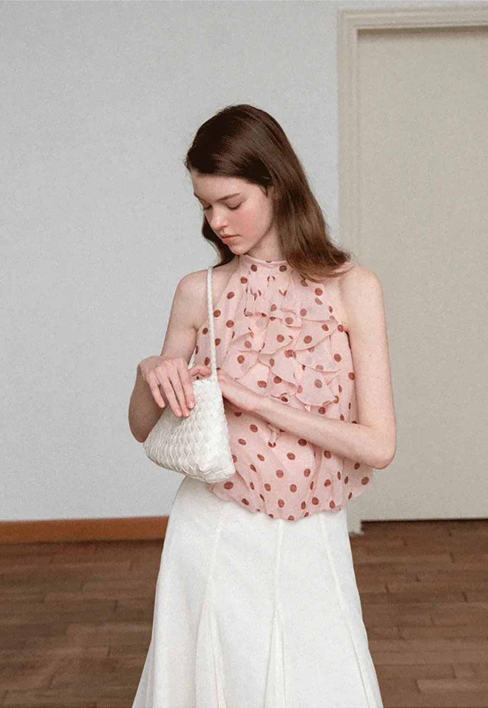 Ruffled Halter Neck Polka Dot Chiffon Tank Top