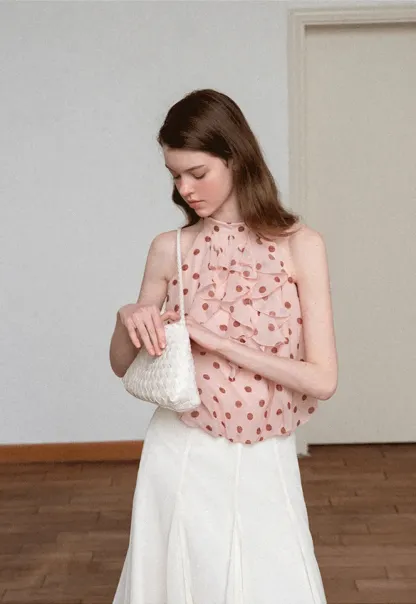 Ruffled Halter Neck Polka Dot Chiffon Tank Top