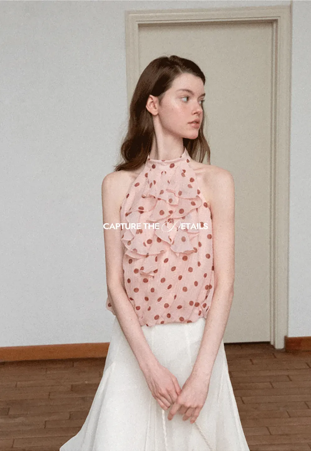 Ruffled Halter Neck Polka Dot Chiffon Tank Top