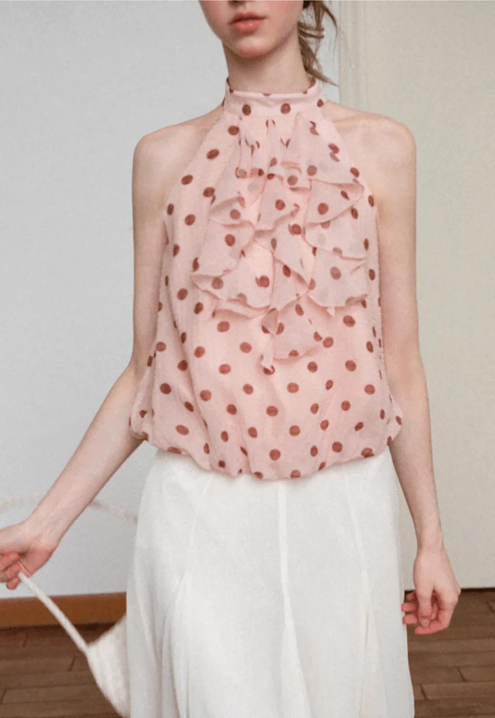 Ruffled Halter Neck Polka Dot Chiffon Tank Top