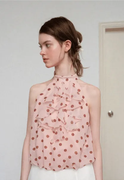 Ruffled Halter Neck Polka Dot Chiffon Tank Top