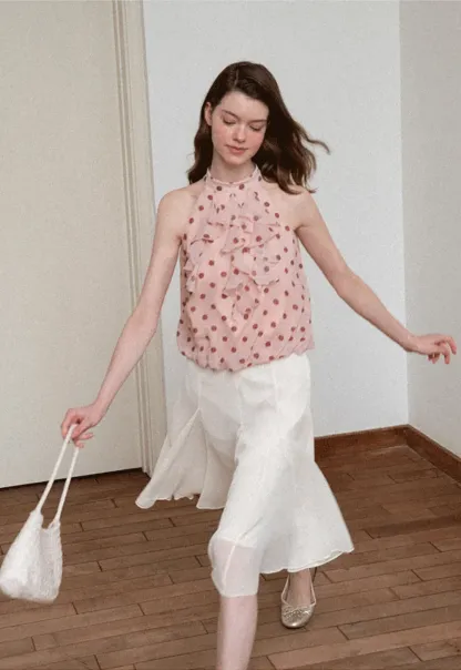 Ruffled Halter Neck Polka Dot Chiffon Tank Top