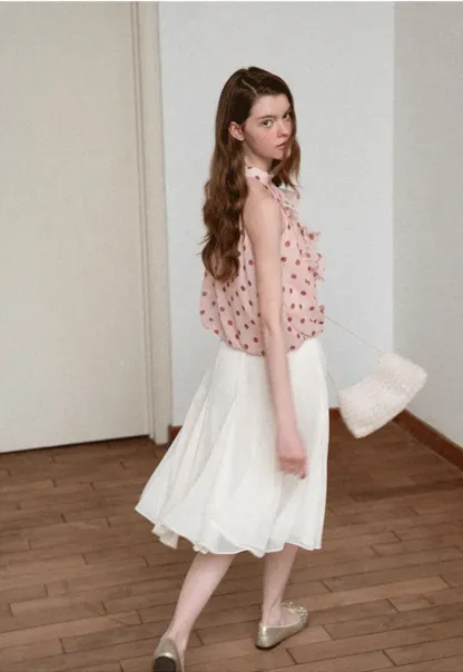 Ruffled Halter Neck Polka Dot Chiffon Tank Top