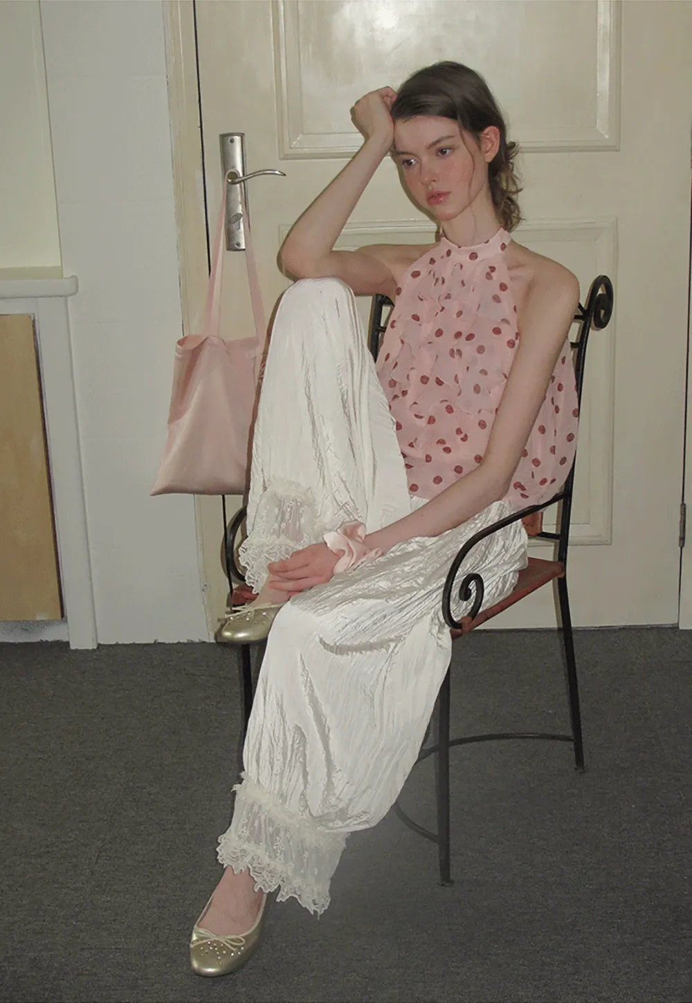 Ruffled Halter Neck Polka Dot Chiffon Tank Top