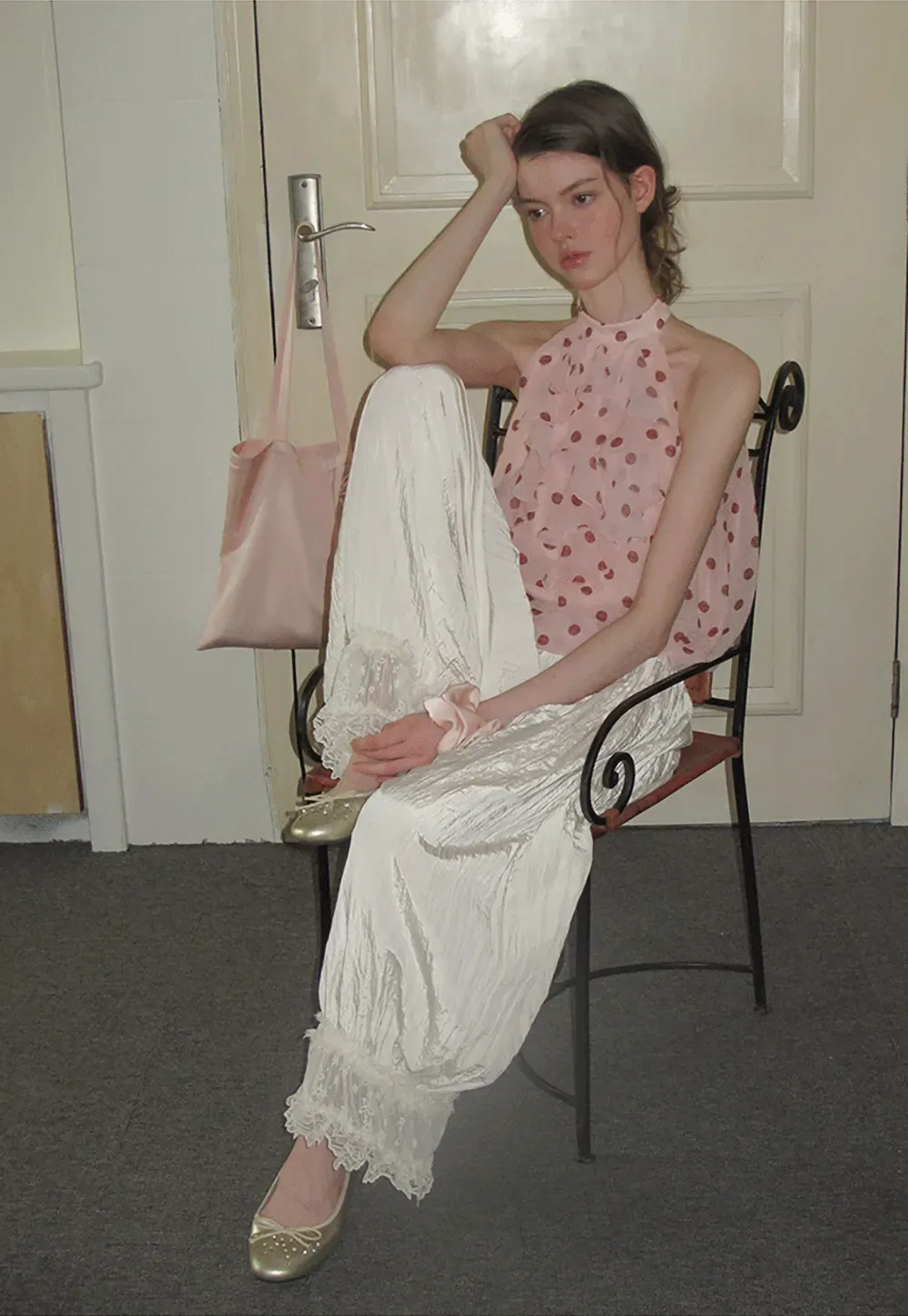 Ruffled Halter Neck Polka Dot Chiffon Tank Top