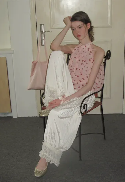 Ruffled Halter Neck Polka Dot Chiffon Tank Top